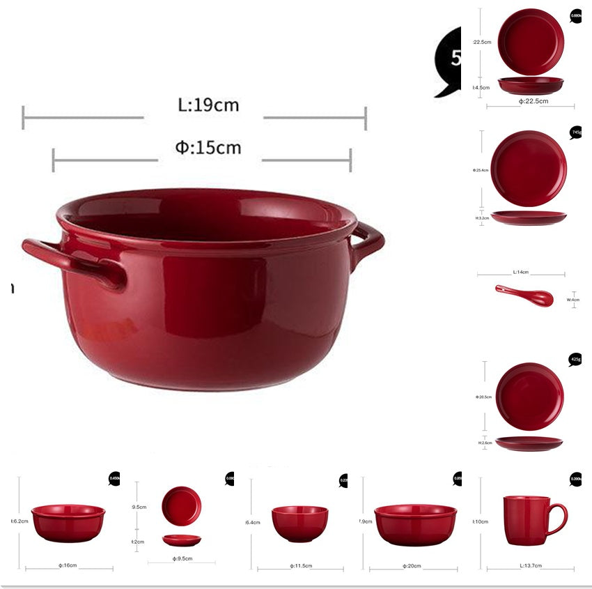 Juegos de cena de cerámica con esmalte rojo de lujo, utensilios de cocina, plato para servir ensalada de porcelana, plato, cuenco, mesa de comedor para restaurante, decoración del hogar