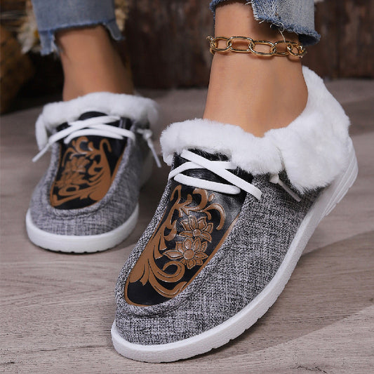 Nouveau bout rond fleur imprimé toile chaussures plates hiver décontracté chaud Plus velours femmes chaussures en peluche