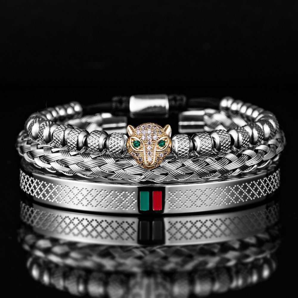 Ensemble de bracelets tête de léopard micro incrustés en acier inoxydable