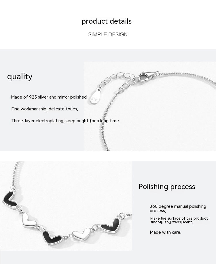 S925 Sterling Silver Black Epoxy Heart Bracelet