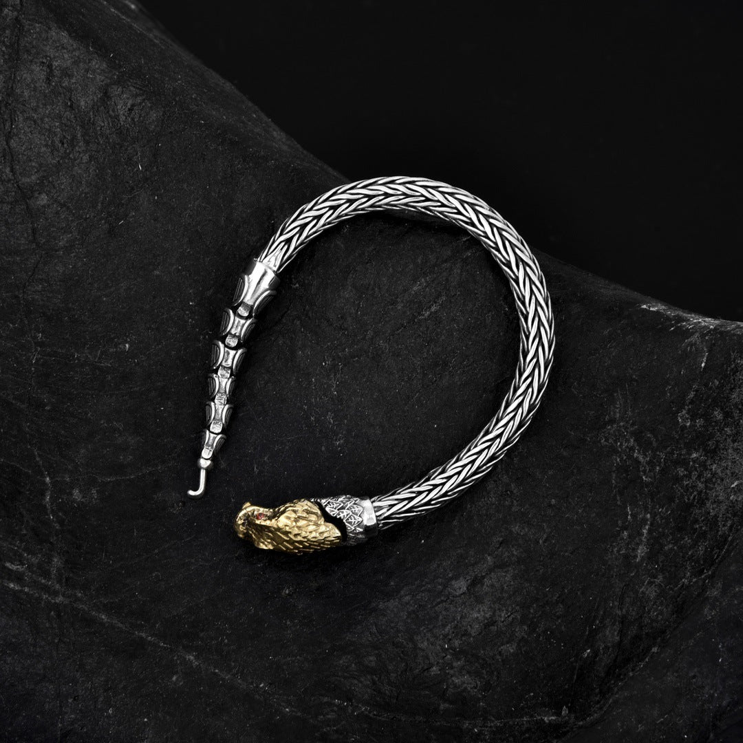 Bracelet personnalisé dragon en argent sterling entrant dans la mer rétro en détresse