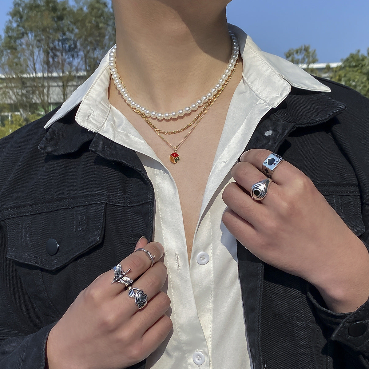 Hip Hop Retro Geometric Multilayer Pearl Necklace