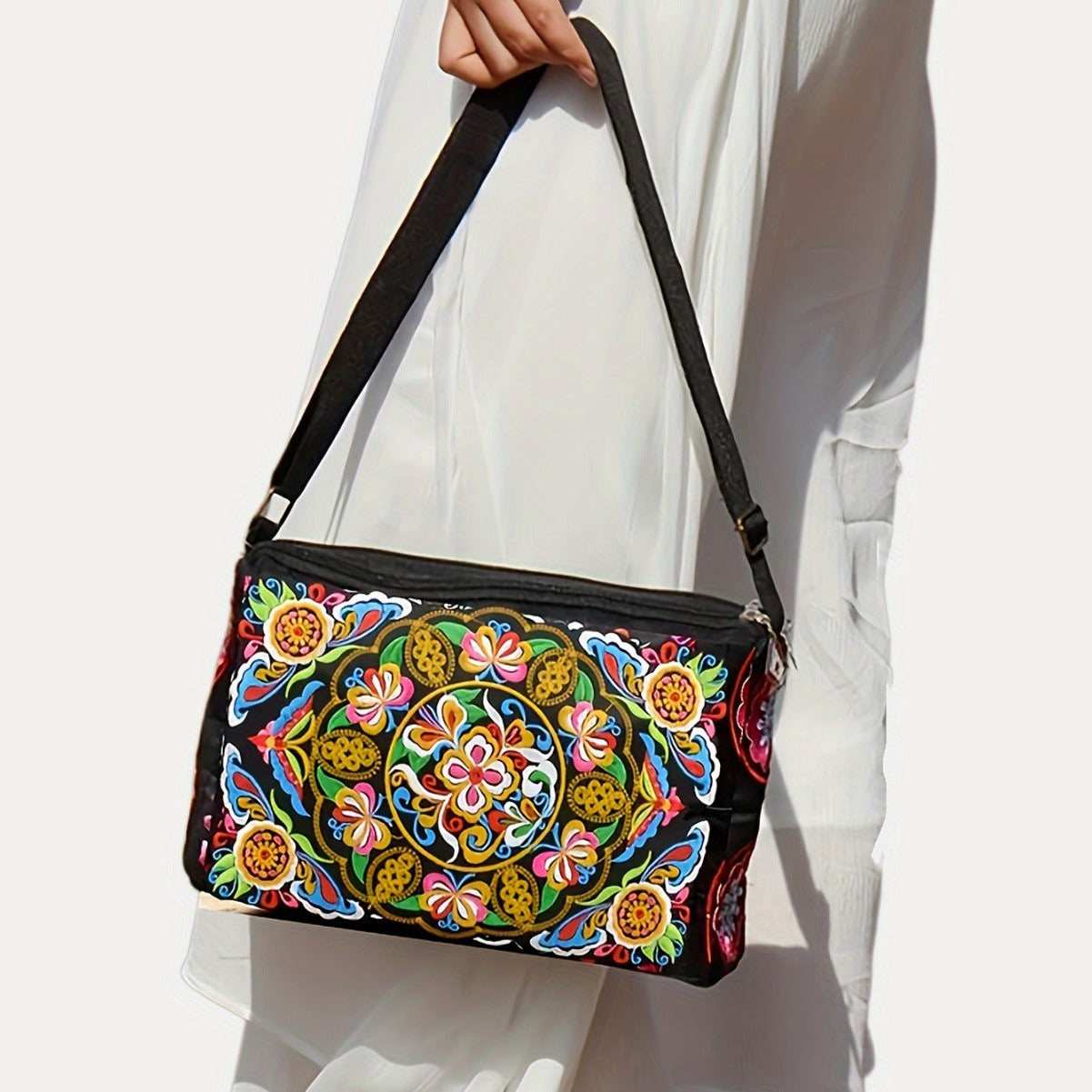 Double Sided Embroidery Crossbody Women's Canvas Shoulder Bag