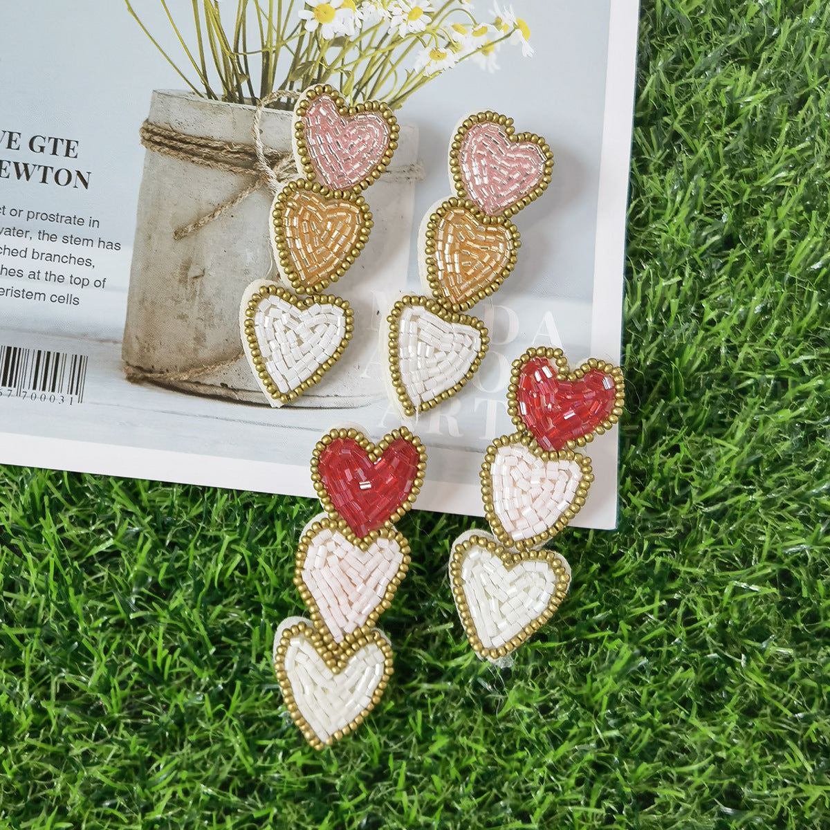 Pendientes artísticos de moda para el día de San Valentín con forma de corazón de tres capas con cuentas hechas a mano de tela de cercanías