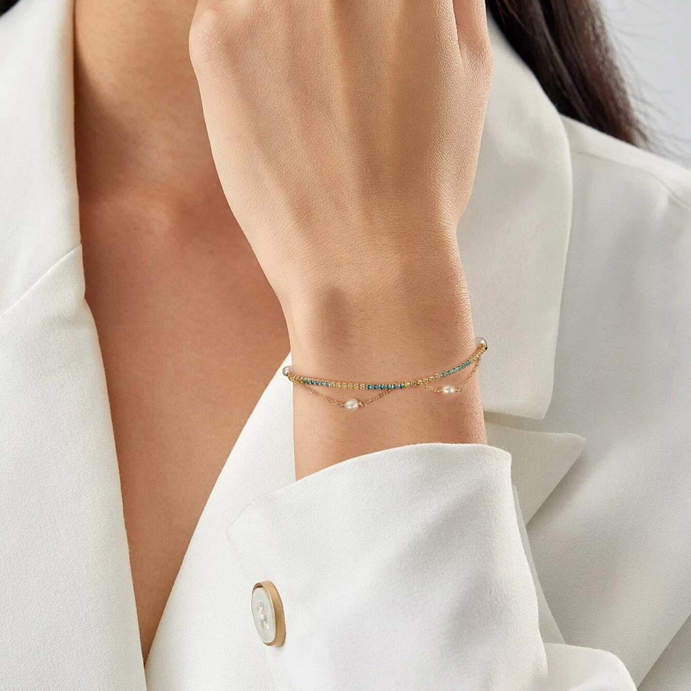 925 Sterling Silver Natural Baroque Pearl Two-tone Tennis Chain Ins Style Bracelet