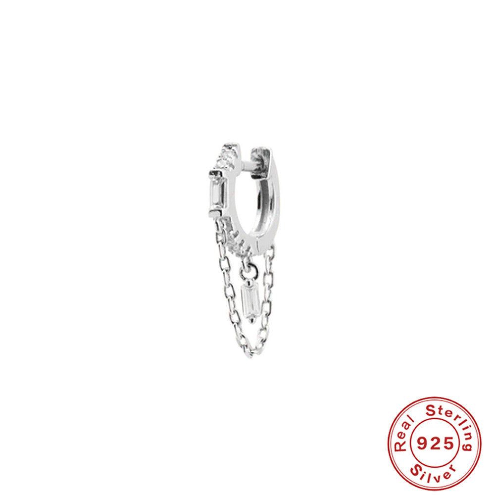 S925 Sterling Silver Ins Geometric Tassel Chain Square Zircon Earrings