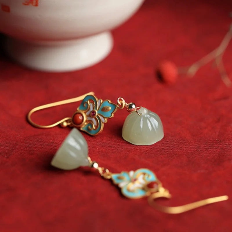 Boucles d'oreilles en argent Sterling et or ancien, Jade Hetian, graine de Lotus, émail pour femmes, rétro capricieuses
