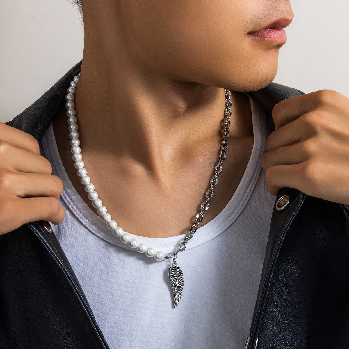 European Hip Hop Stainless Steel Pearl Stitching Necklace