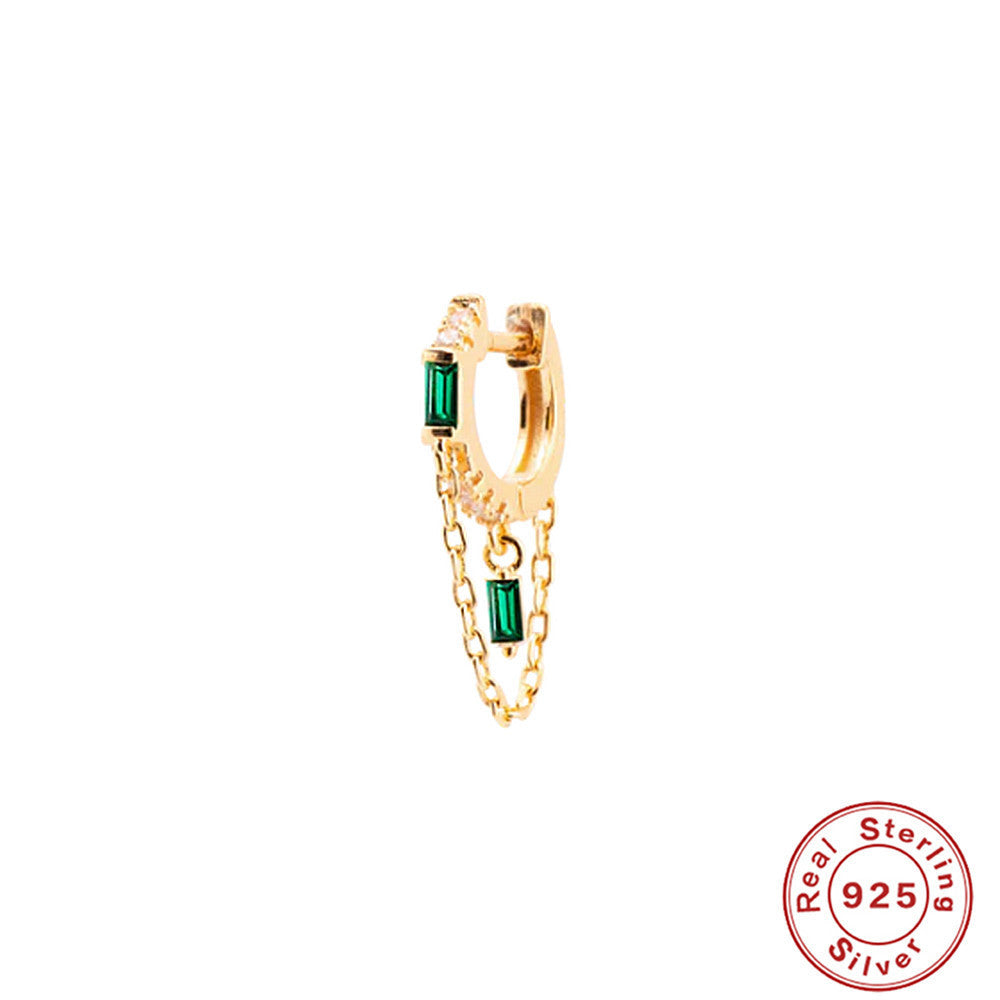 S925 Sterling Silver Ins Geometric Tassel Chain Square Zircon Earrings