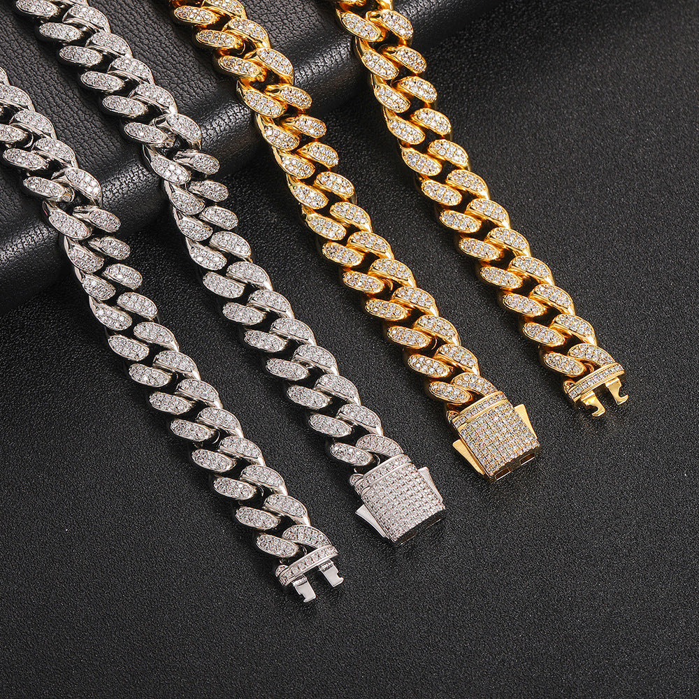 Collier et Bracelet en Zircon à Double rangée, ornement Hip Hop européen, attache à ressort de 12mm