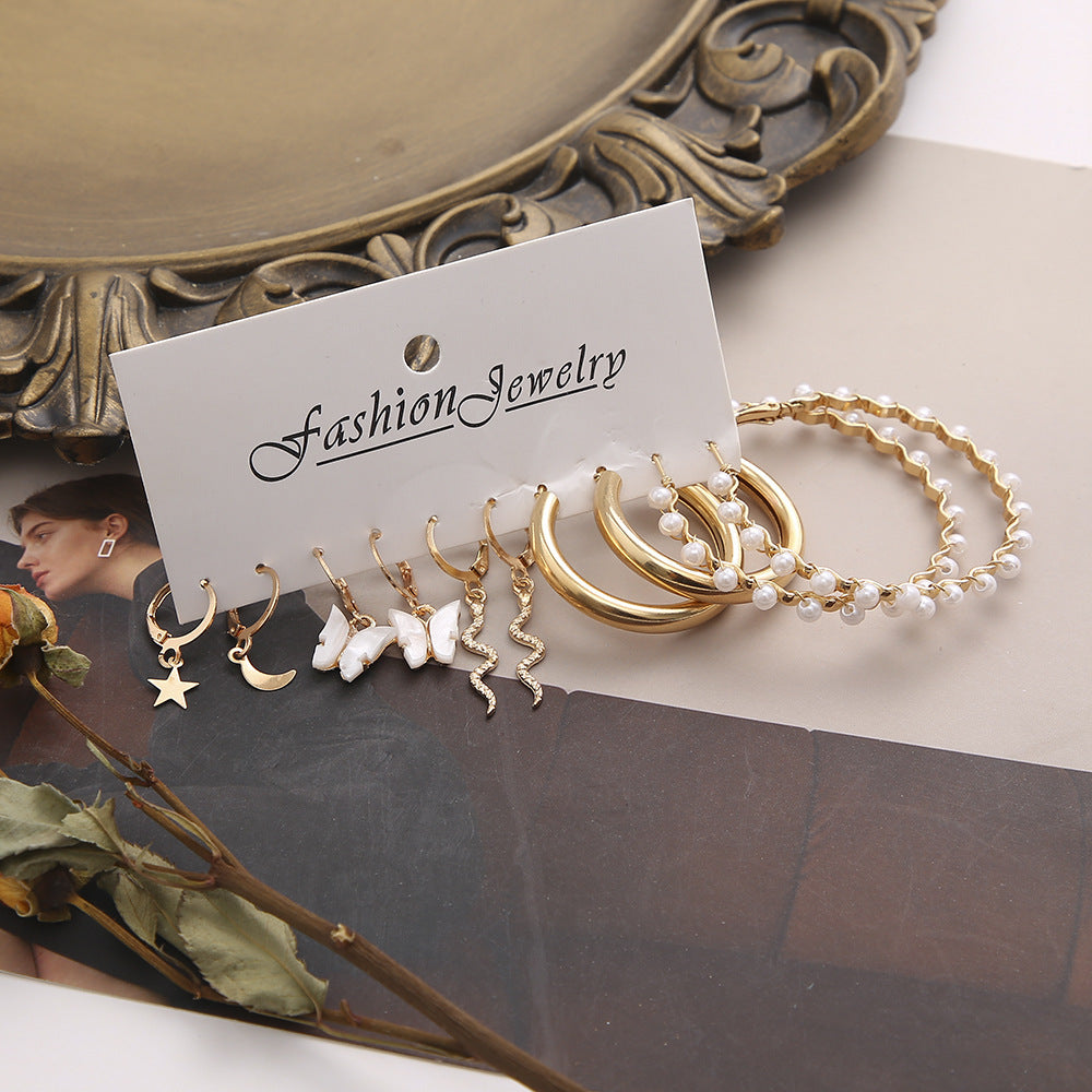 Ensemble de 5 boucles d'oreilles en perles de serpent et papillon, tempérament Simple