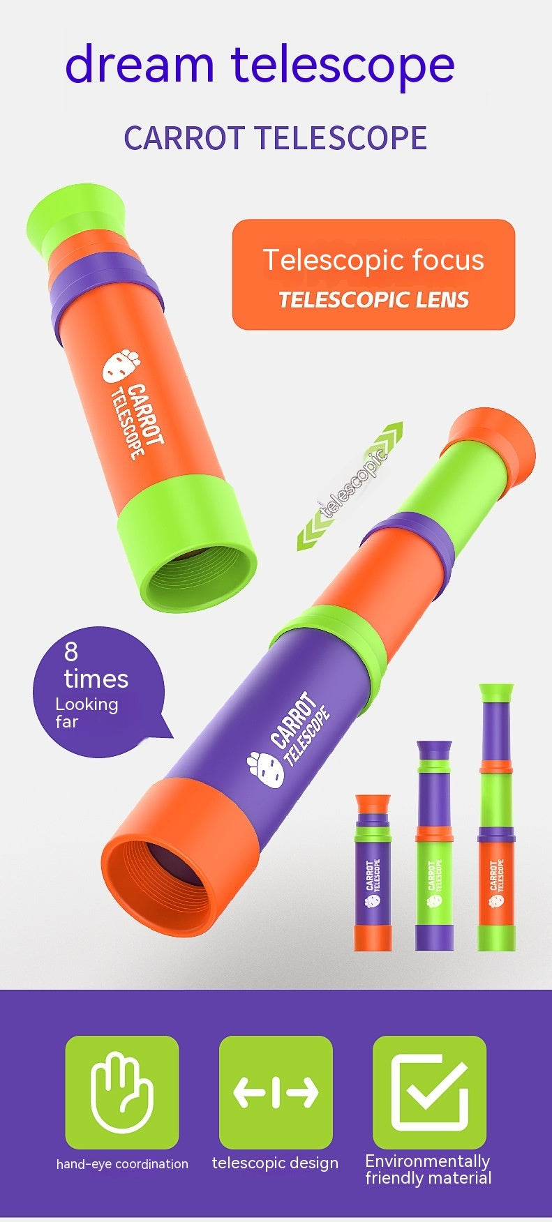 Télescope monoculaire à 3 sections, jouets à mise au point réglable