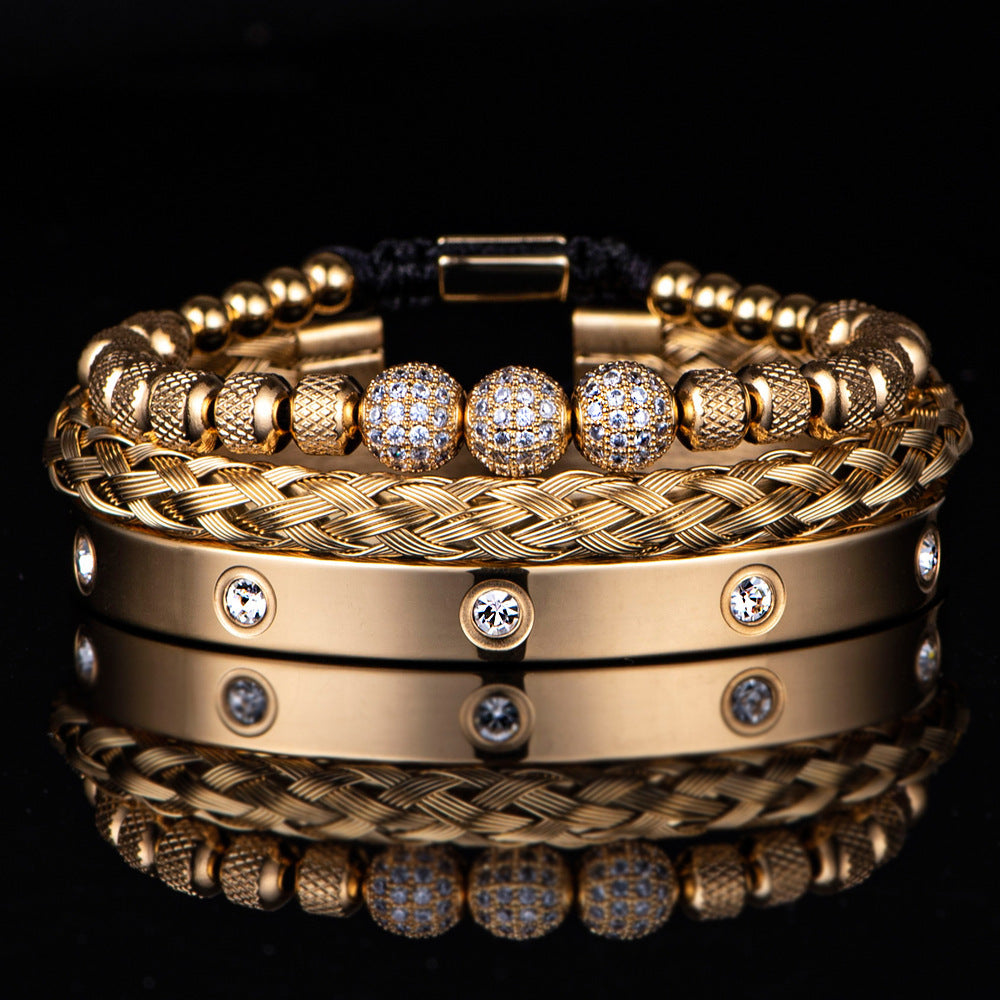 Bracelet en maille d'acier inoxydable, 3 boules de strass, dix diamants