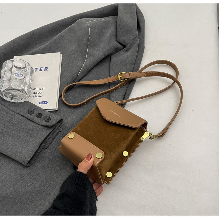 Petit sac carré à bandoulière en daim rétro pour téléphone