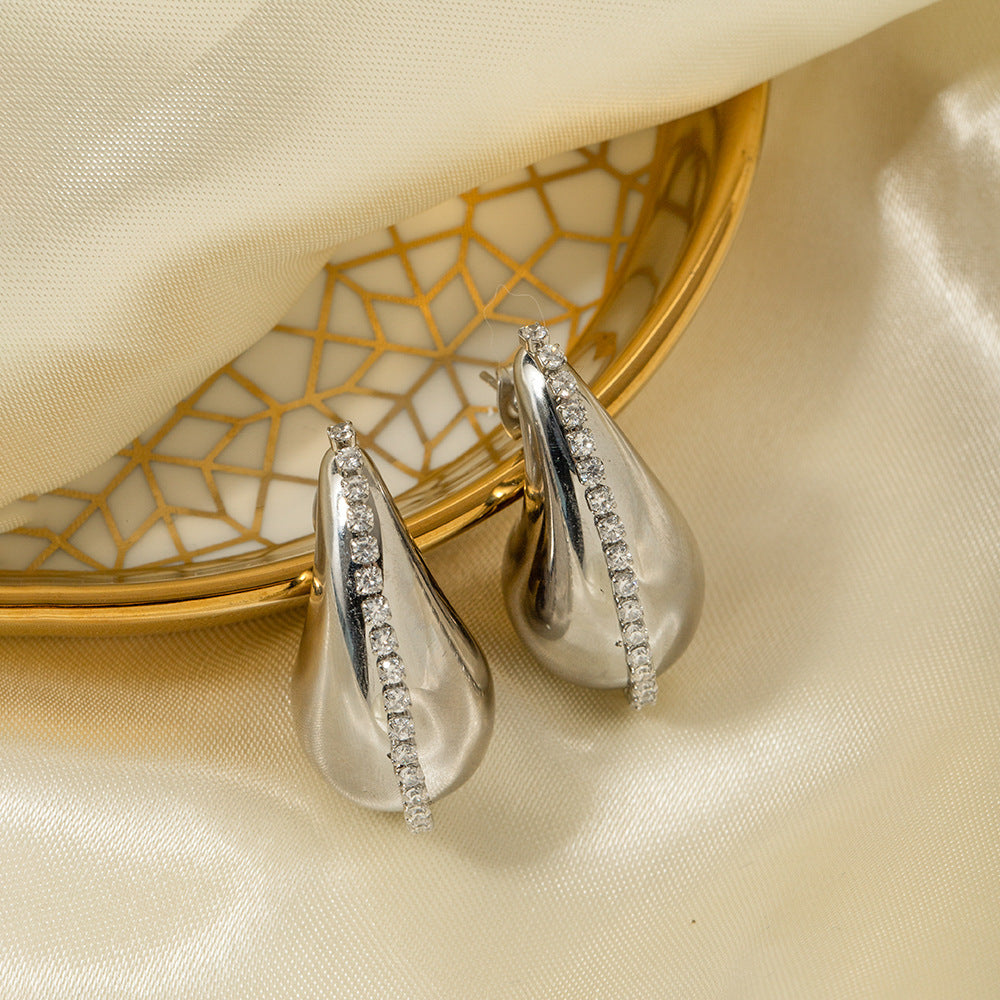 18K Gold Water Drop Titanium Steel Inlaid Zircon Earrings