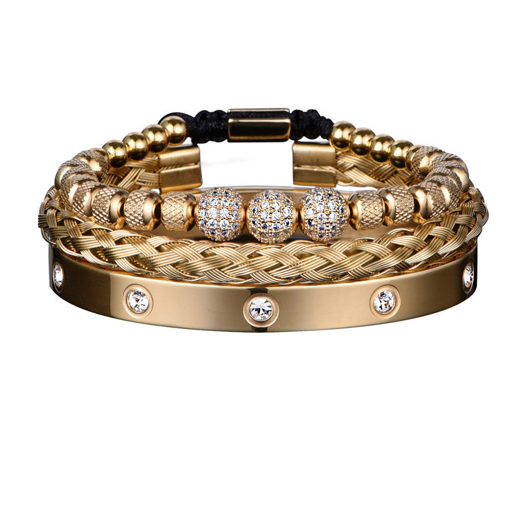 Bracelet en maille d'acier inoxydable, 3 boules de strass, dix diamants