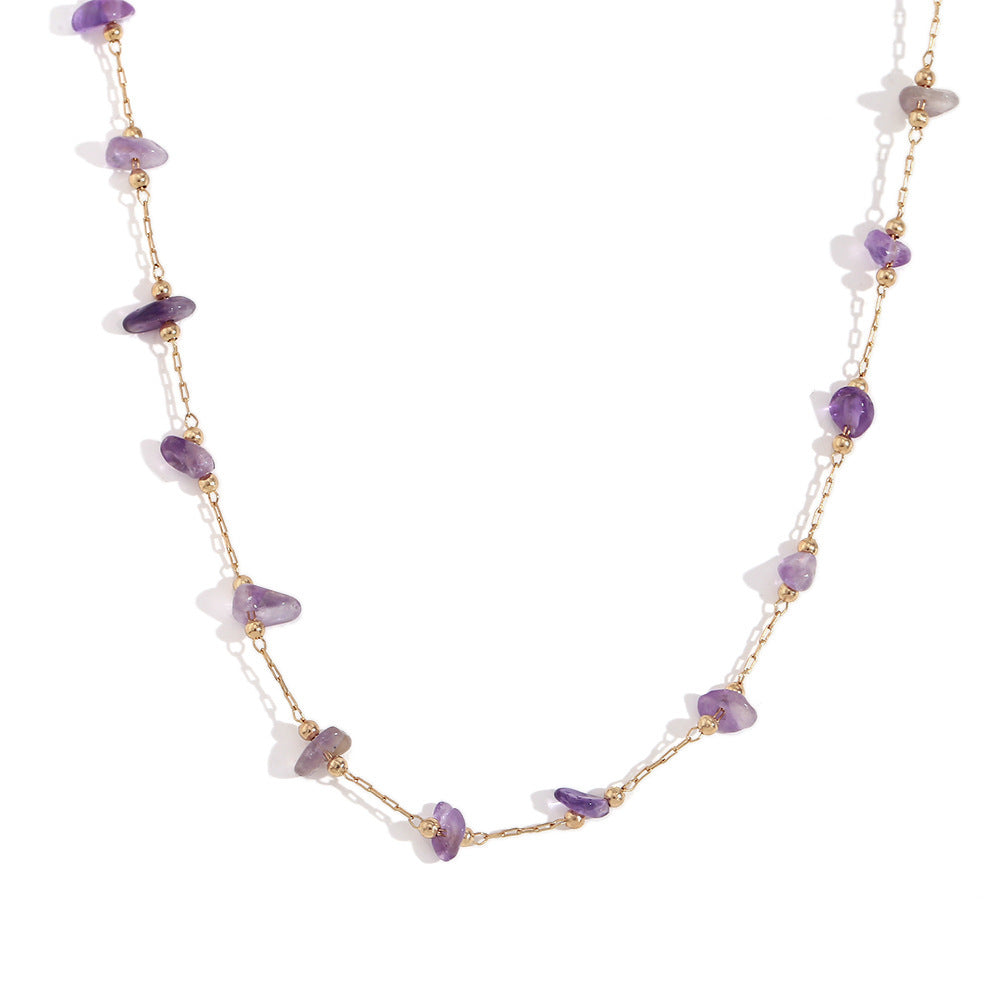 Stainless Steel 18K Gold Plating Amethyst Gravel Handmade Chain Necklace Bracelet For Women