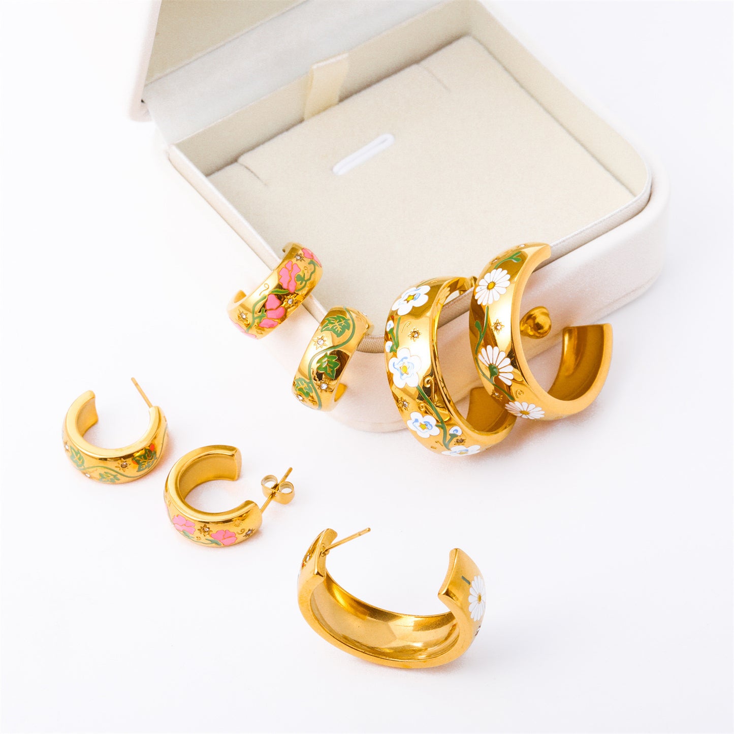 Painted Flower Flower Rose C- Shaped Earrings