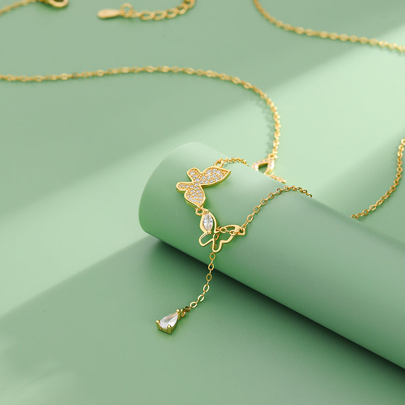 S925 Sterling Silver Diamond Tassel Butterfly Necklace