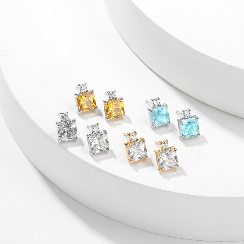 Colored Gems Blue Burst Geometric Square Zircon Earrings