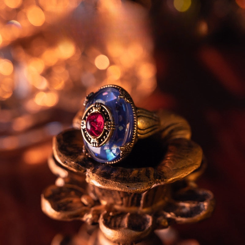 Western Antique Retro Series Blue Handmade Glass Brass Plated Gold Ring