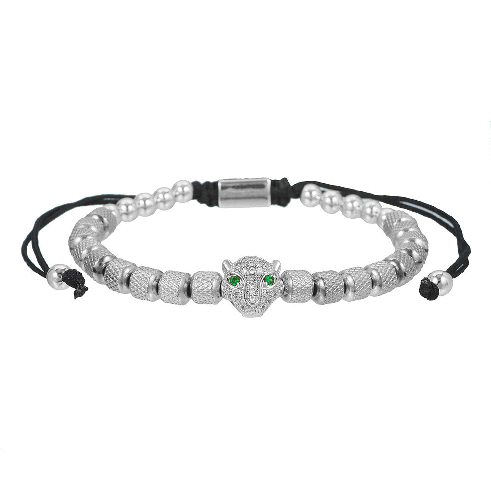 Zircon Leopard Head Stainless Steel Pineapple Bead Bracelet