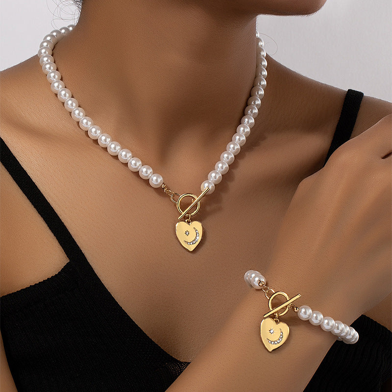 Ensemble bracelet et collier de perles pour femme, avec chaîne de clavicule en forme de cœur