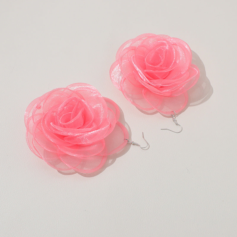 Chiffon Retro Three-dimensional Advanced Rose Camellia Stud Earrings