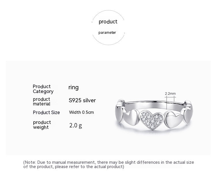 S925 Silver Sweet Personality Heart-shaped Micro Rhinestone Ring