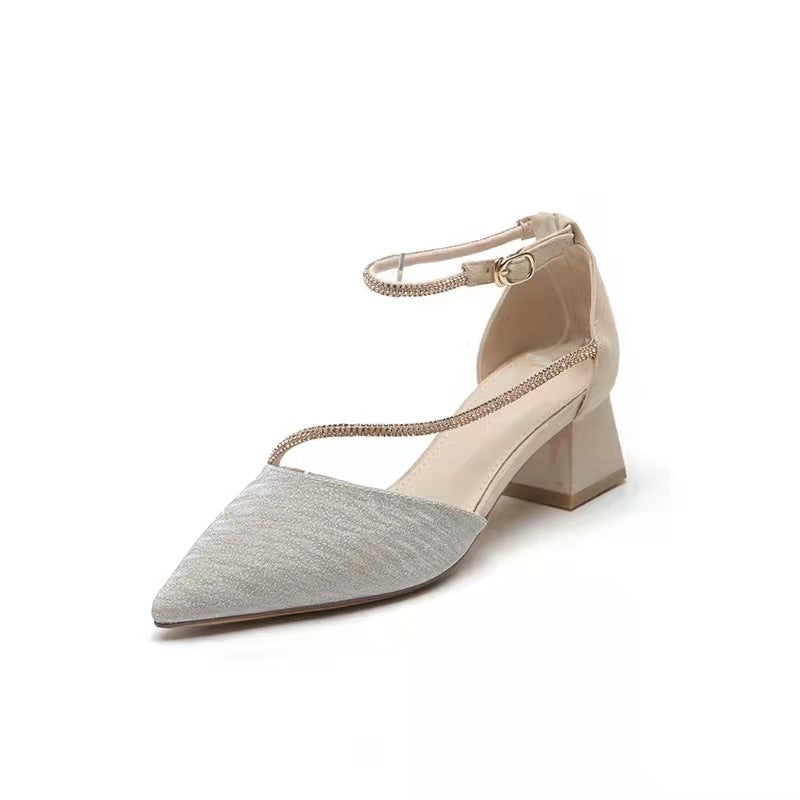 Femmes Bout Pointu Boucle Sangle Strass Talon Chunky Talons Hauts