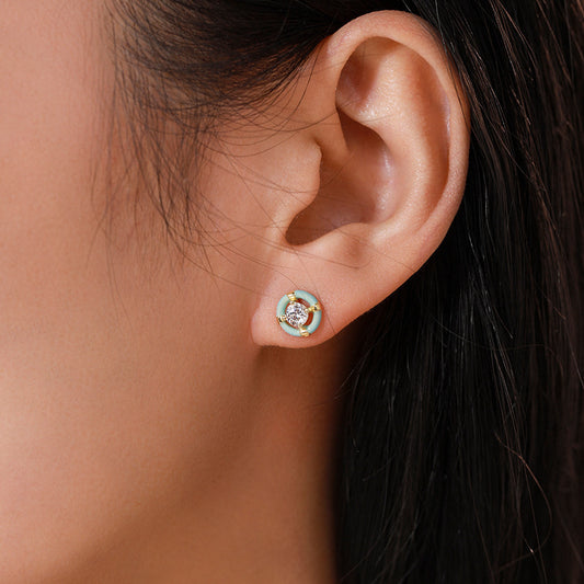 S925 Sterling Silver Special-interest Design Round Blue Enamel Stud Earrings