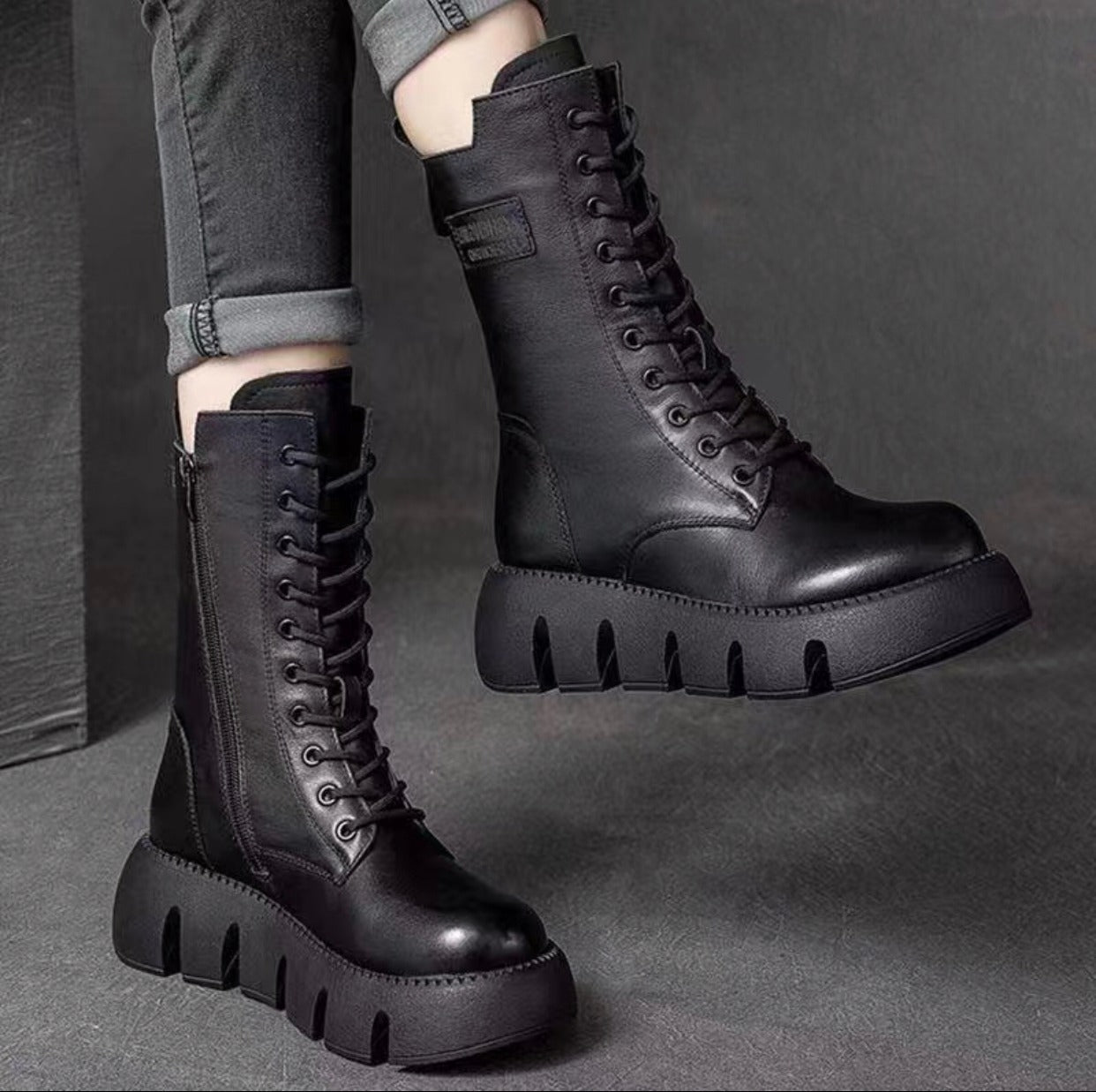 Botas de moda con forro polar para otoño e invierno, cómodas, de tacón bajo, estilo Retro, de charol, estilo británico