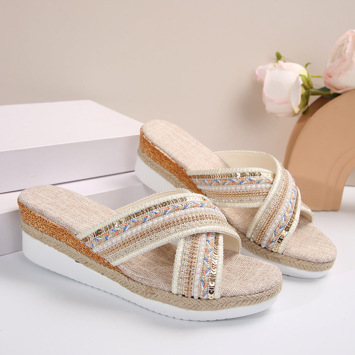 Sandalias de cuña de lino Sandalias con tiras cruzadas de estilo étnico de verano para mujer Zapatos de playa antideslizantes