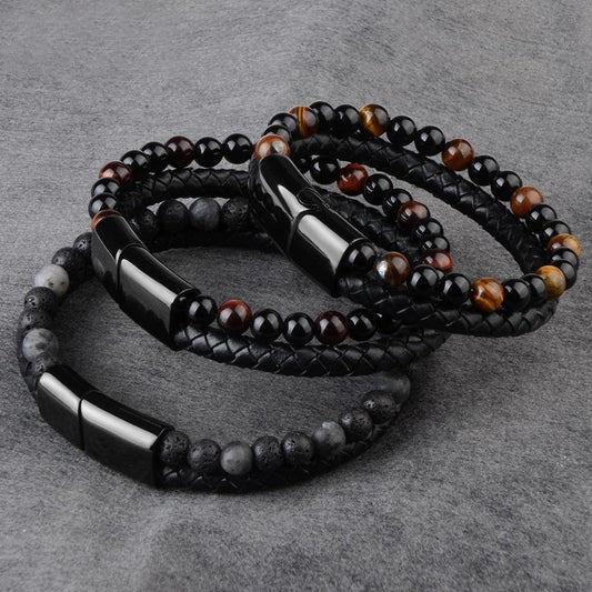 Bracelet en pierre naturelle en corde de cuir en alliage pour hommes