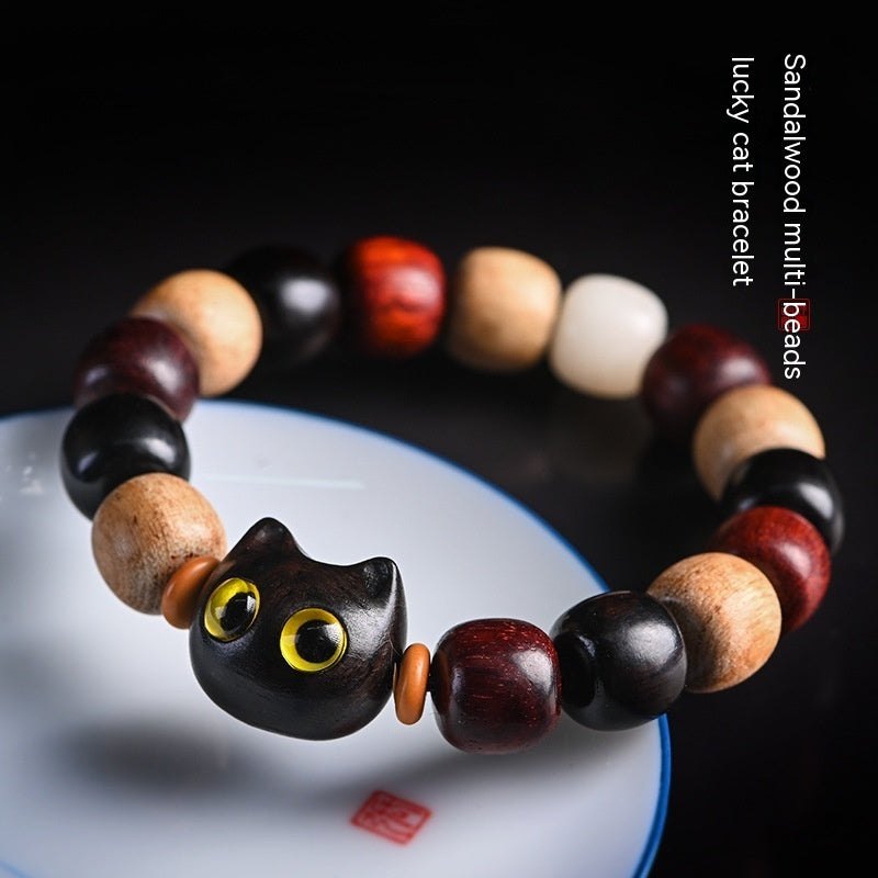 Ebony Carved Kitten Head Wooden Rosewood Beads Bracelet Men And Women