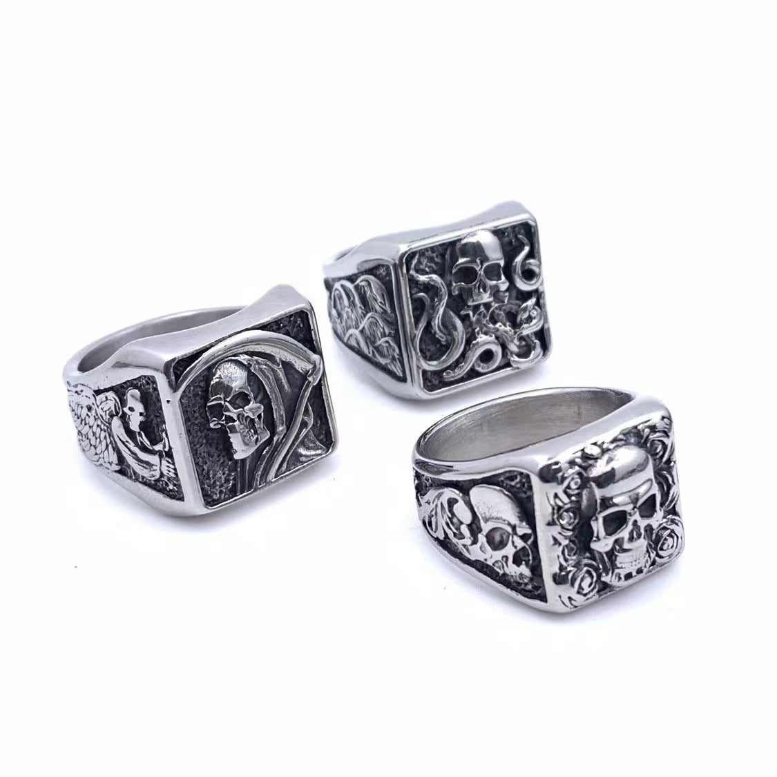Bague en acier titane pour hommes, Style gothique de mort rétro, crâne de Rose