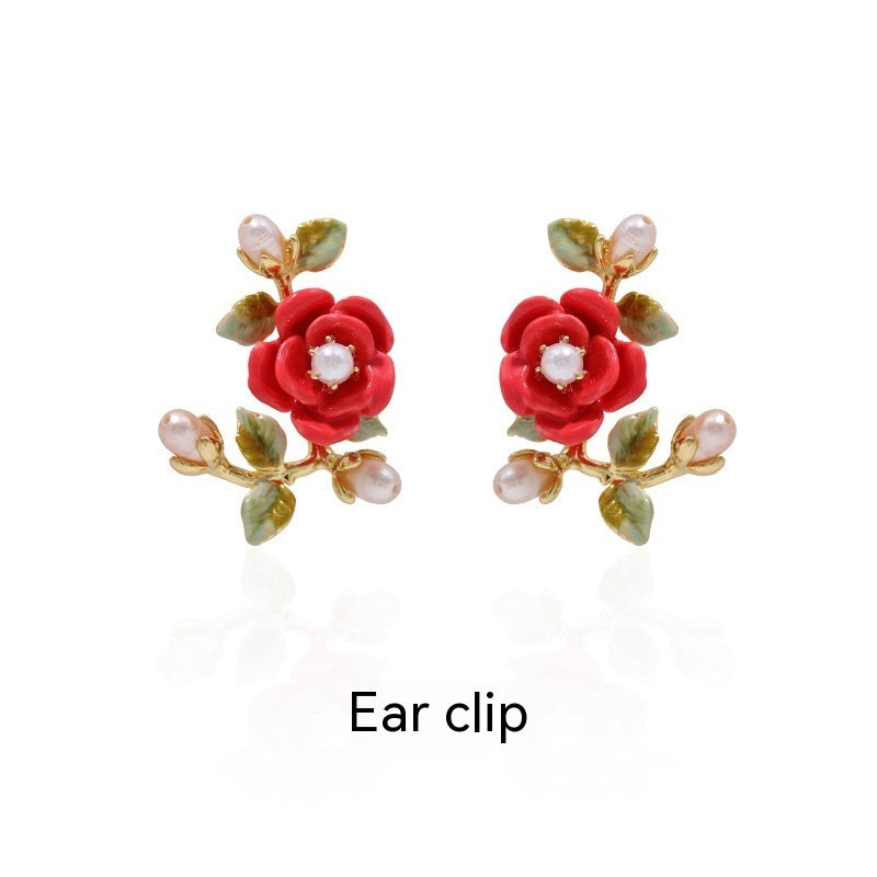 Boucles D'oreilles Corolle Rose Fleur Rouge Corail Perle Branches Et Feuilles Or