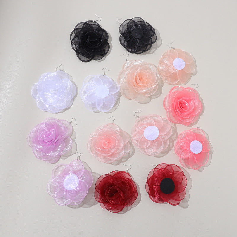 Chiffon Retro Three-dimensional Advanced Rose Camellia Stud Earrings