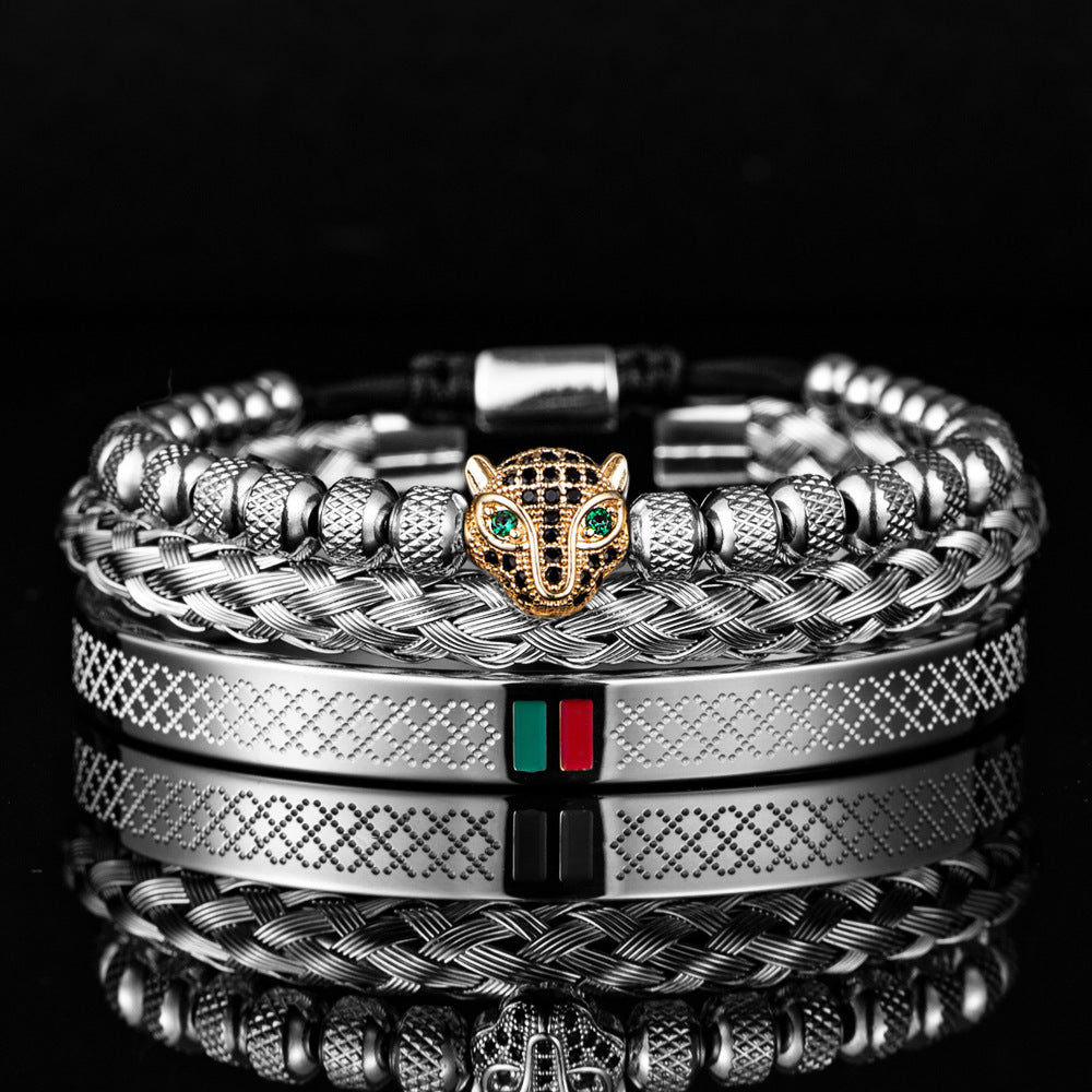 Ensemble de bracelets tête de léopard micro incrustés en acier inoxydable