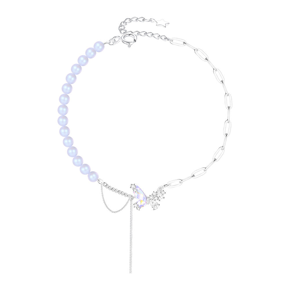 Original Design S925 Sterling Silver Pearl Stitching Aurora Small Butterfly Earrings