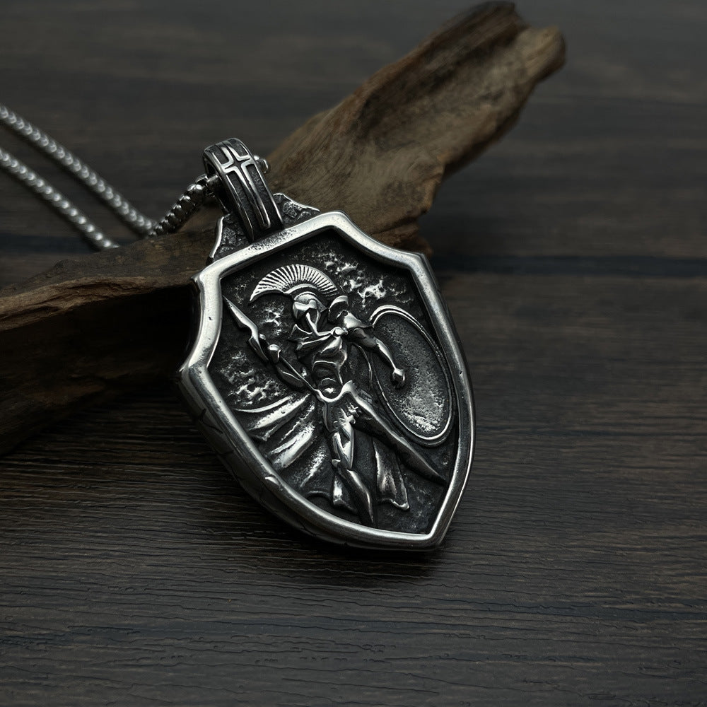 OP Retro Design Warrior Shield Titanium Steel Pendant Necklace