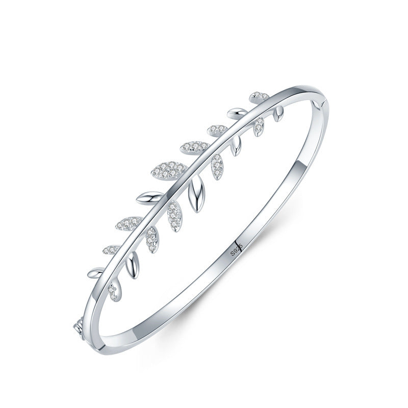 S925 Silver Bracelet Female Leaf Oval Bracelet Open-ended Bracelet