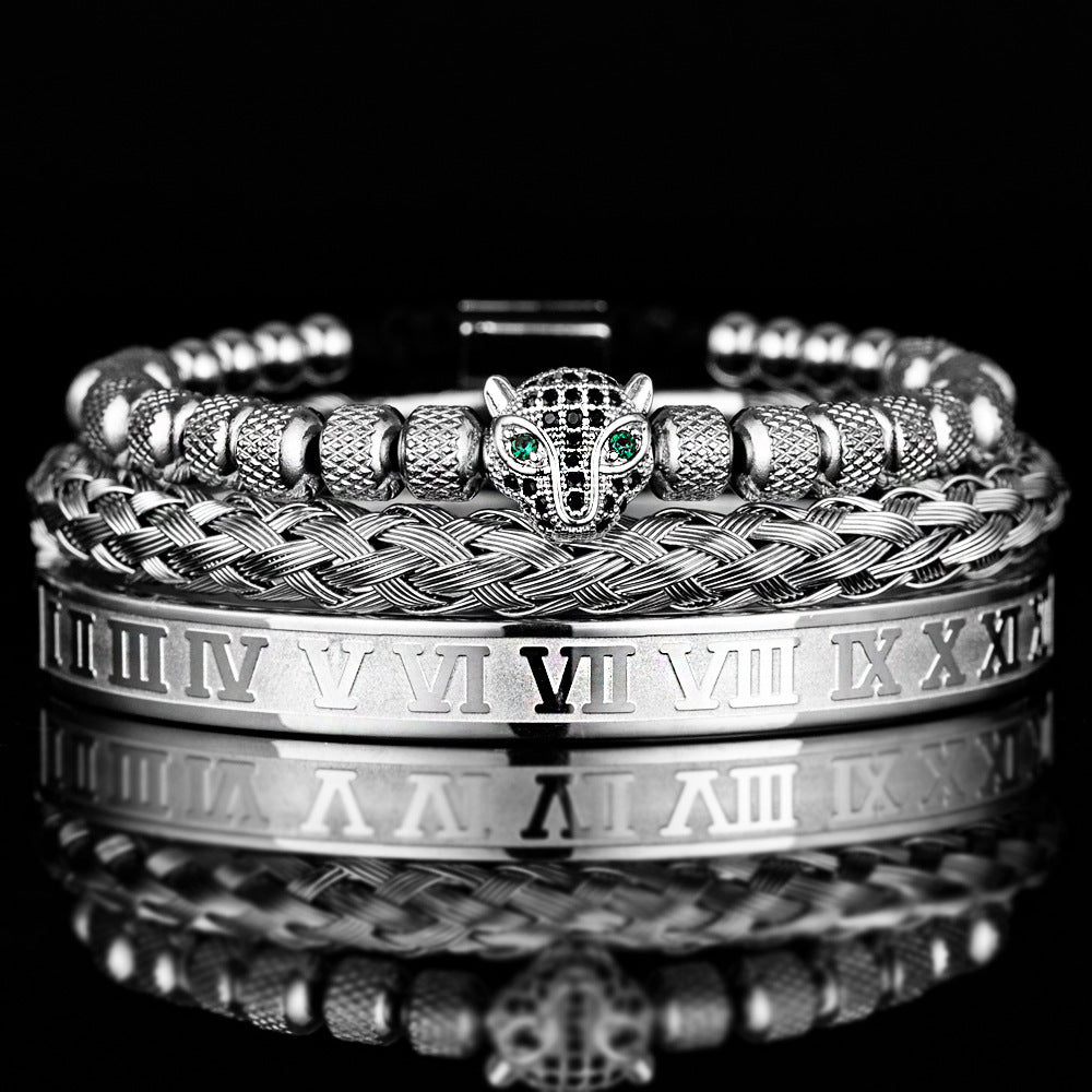 Pulsera romana de perlas de piña de malla con conjunto de cabeza de leopardo