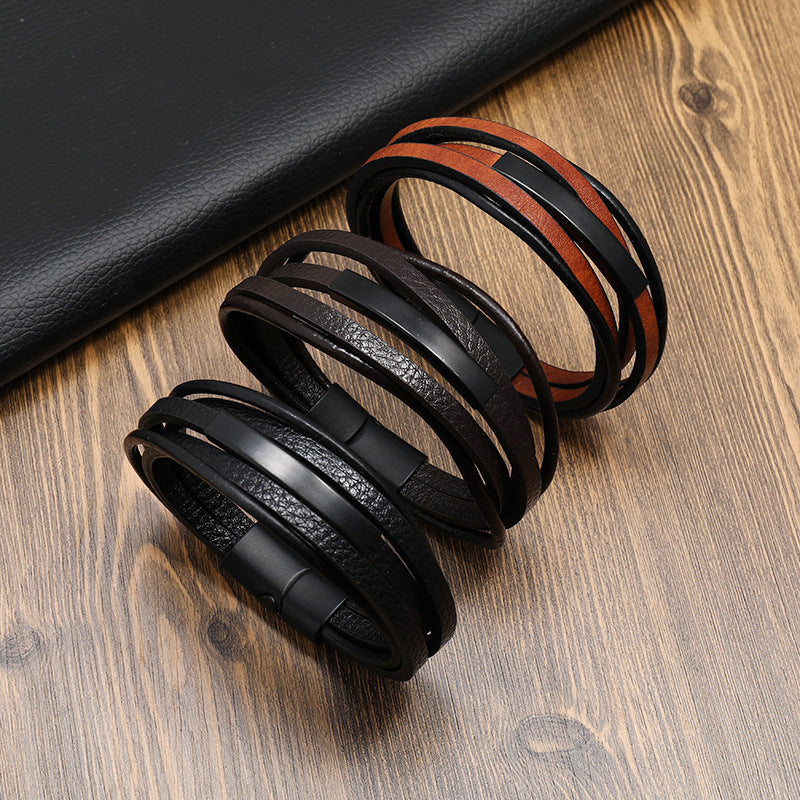 Men's Multi-layer Magnetic Buckle Leather Bracelet Weave Vintage Leather Bracelet