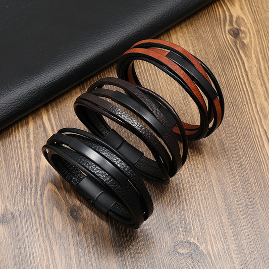 Men's Multi-layer Magnetic Buckle Leather Bracelet Weave Vintage Leather Bracelet