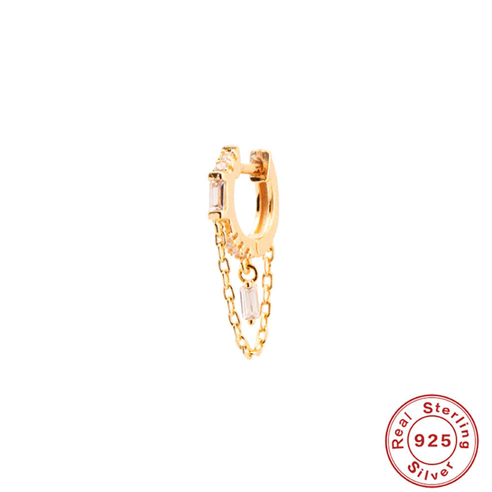 S925 Sterling Silver Ins Geometric Tassel Chain Square Zircon Earrings