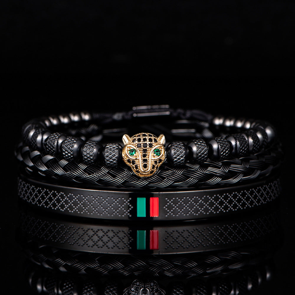 Ensemble de bracelets tête de léopard micro incrustés en acier inoxydable