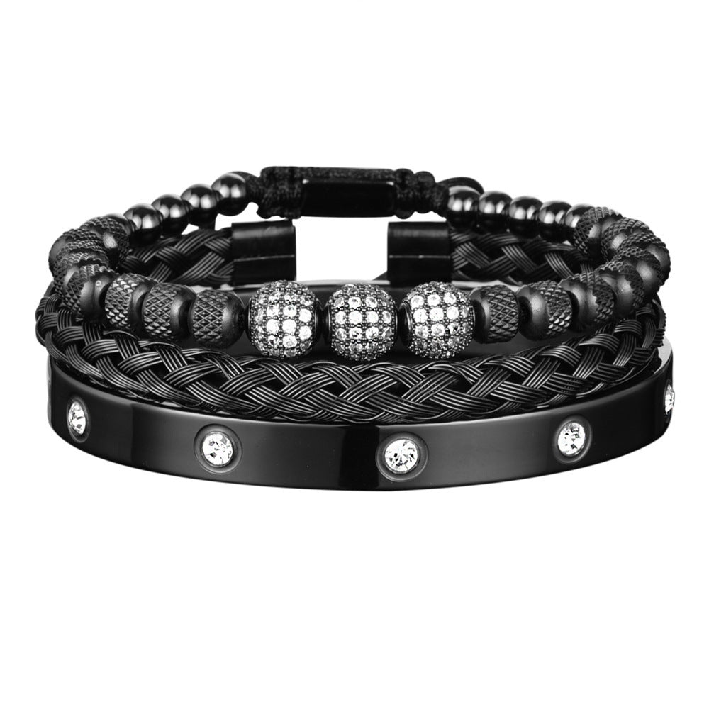 Bracelet en maille d'acier inoxydable, 3 boules de strass, dix diamants
