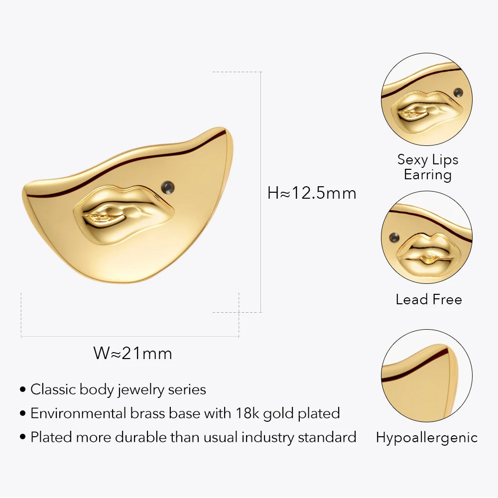 18K Gold Plating Brass Original Design Sexy Lips Types A And B Stud Earrings