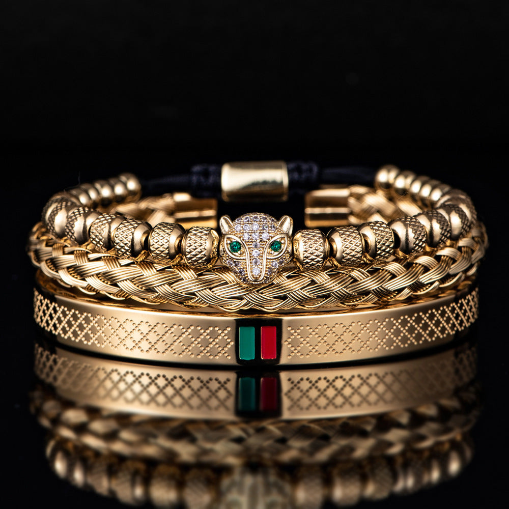 Ensemble de bracelets tête de léopard micro incrustés en acier inoxydable